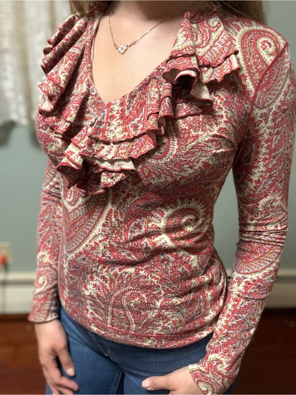 Y2K Paisley Ruffle V-Neck Long Sleeve Top - Pink/Cream